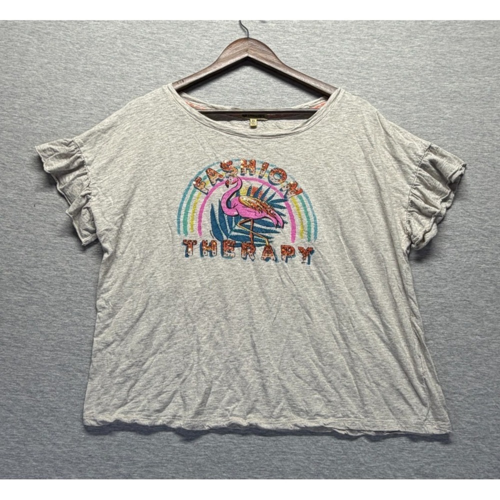 Democracy T Shirt Womens XL Gray Graphic Fashion Therapy Flamingo Ruffle Sleeve